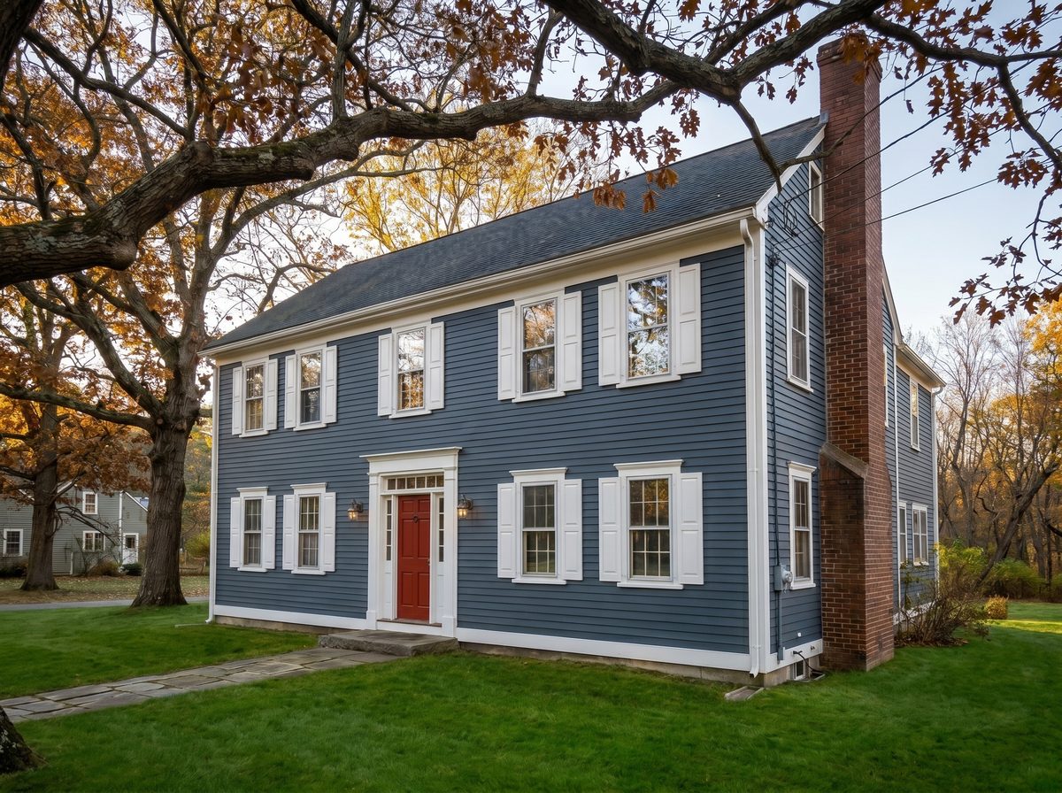 Restored colonial home with fresh Hale Navy paint and white trim — after Overwall Painting exterior project