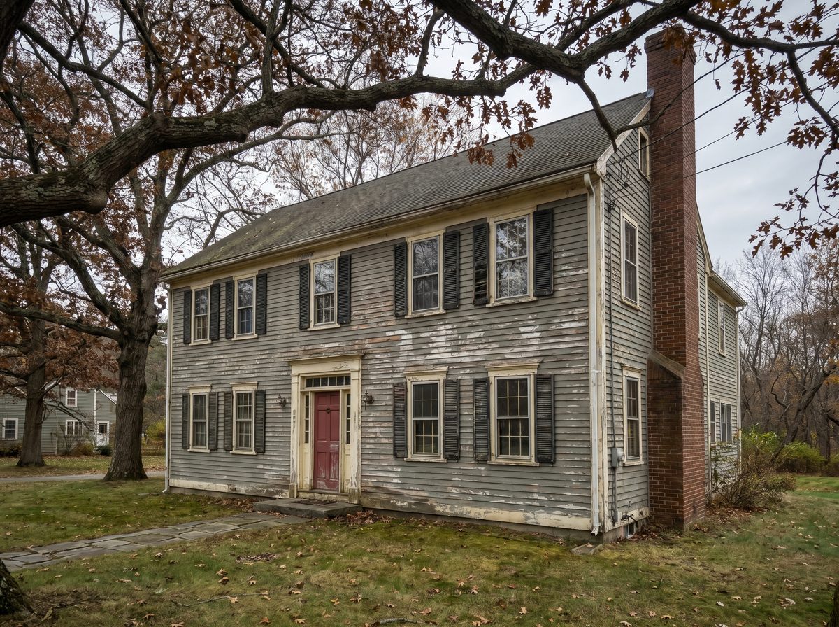 Aged colonial home exterior with peeling gray paint in Bedford NH — before exterior repaint