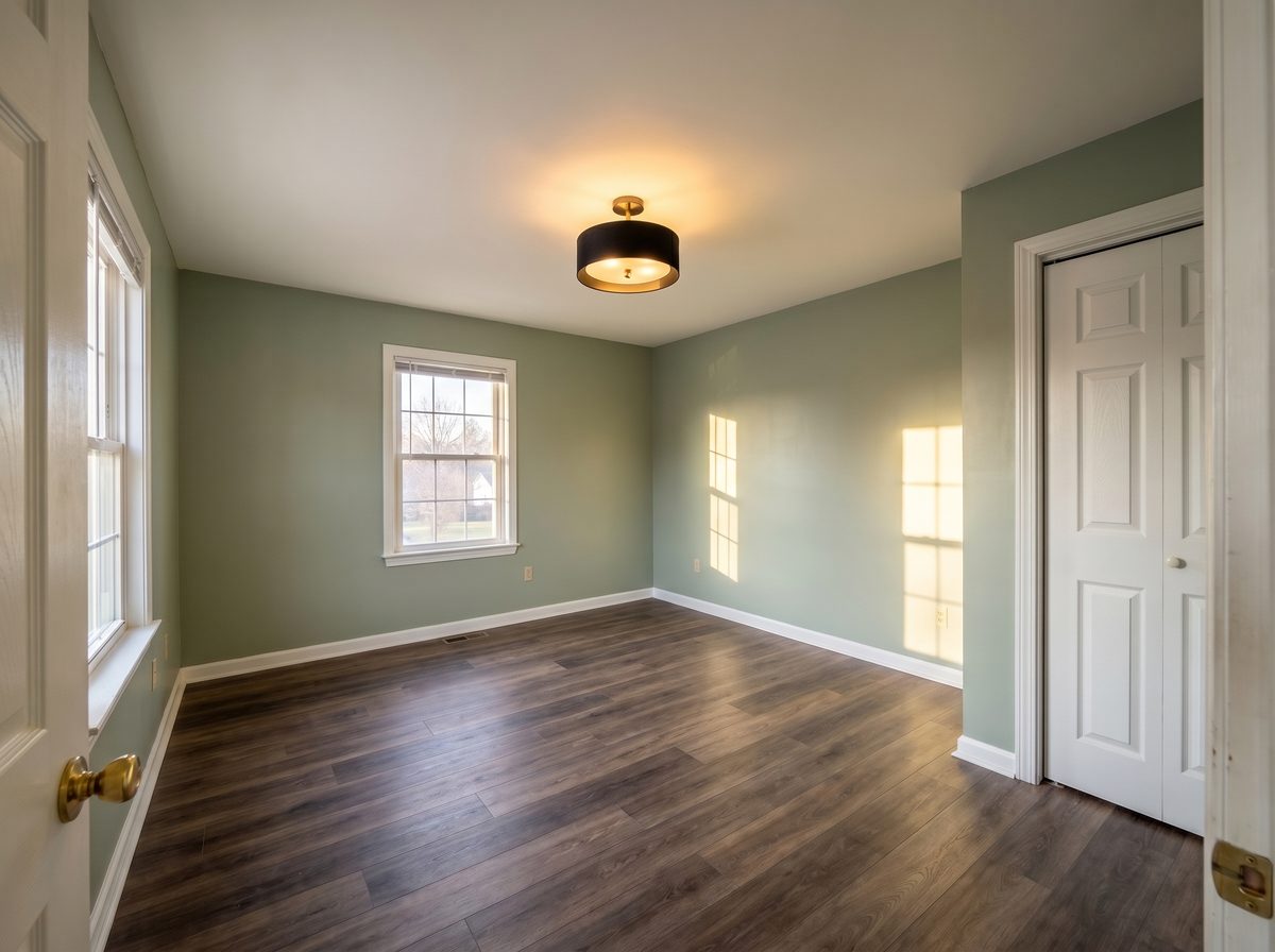 Modern master bedroom with sage green walls and hardwood floor — after Overwall Painting renovation