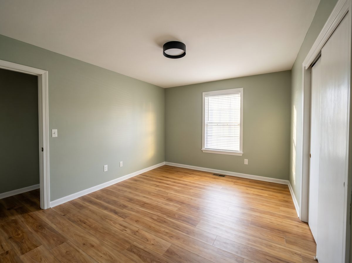 Refreshed guest bedroom with serene sage green walls and refinished floor — after Overwall Painting renovation