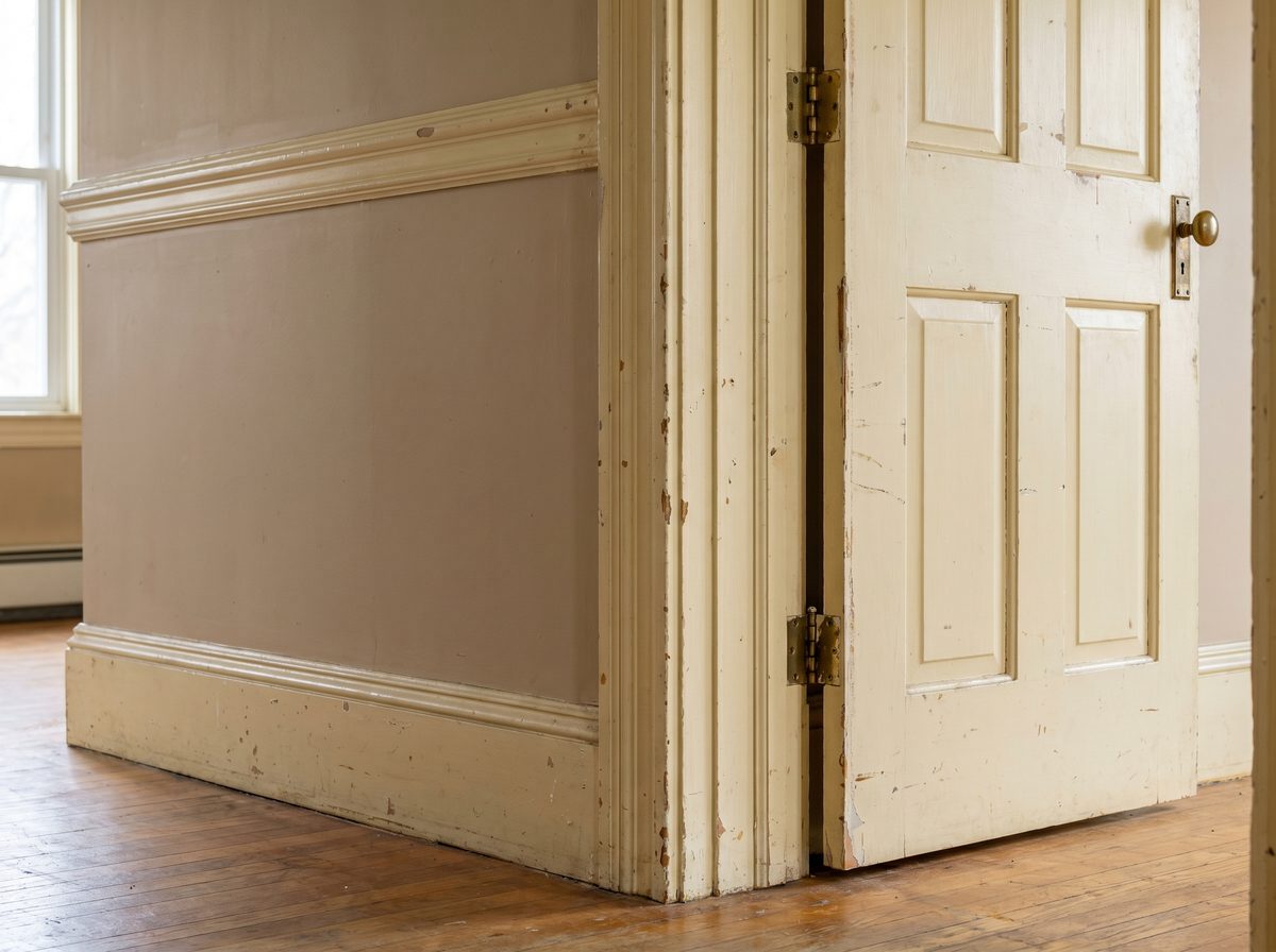 Aged interior trim and 6-panel door with yellowed paint and chips — before restoration
